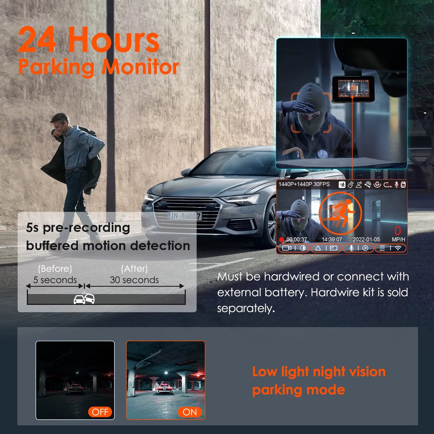 E2 Dashcam Front and Rear 2.7K + 2.7K Dual Dash Camera Voice Control Wifi GPS Night Vision 2.0 24H Parking Mode