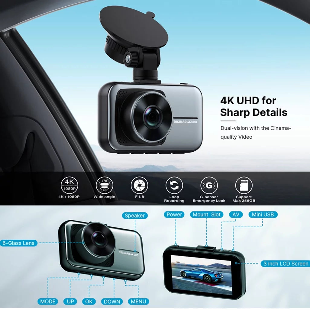 4K Dash Cam for Cars UHD 2160P+1080P Front and Rear Car Camera, 3" Display Dash Camera Parking Mode G-Sensor Support 256GB SD Card