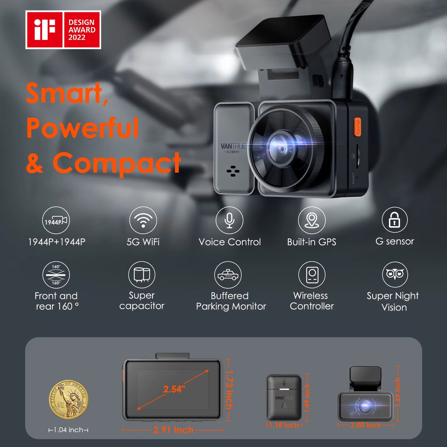 E2 Dashcam Front and Rear 2.7K + 2.7K Dual Dash Camera Voice Control Wifi GPS Night Vision 2.0 24H Parking Mode