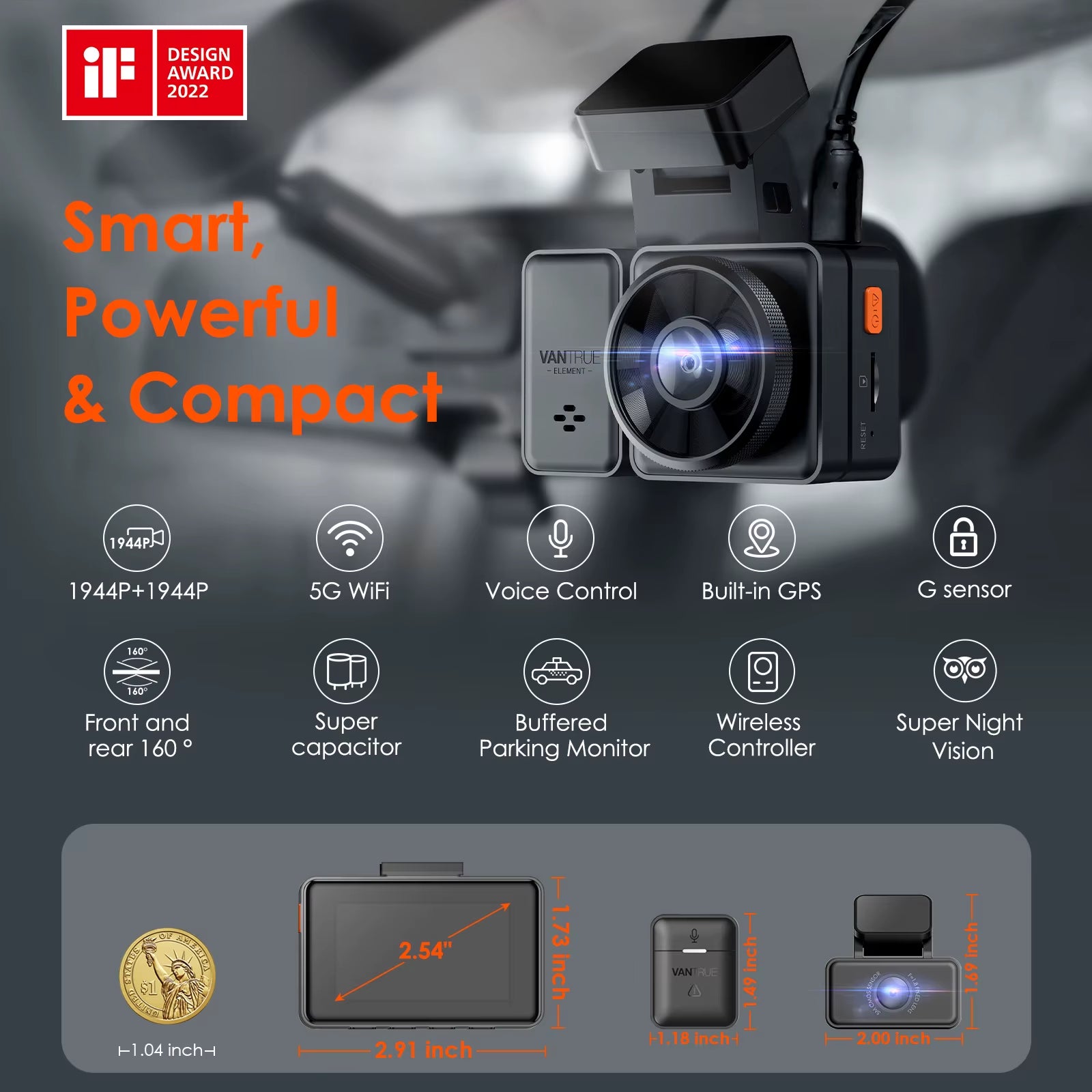 E2 Dashcam Front and Rear 2.7K + 2.7K Dual Dash Camera Voice Control Wifi GPS Night Vision 2.0 24H Parking Mode