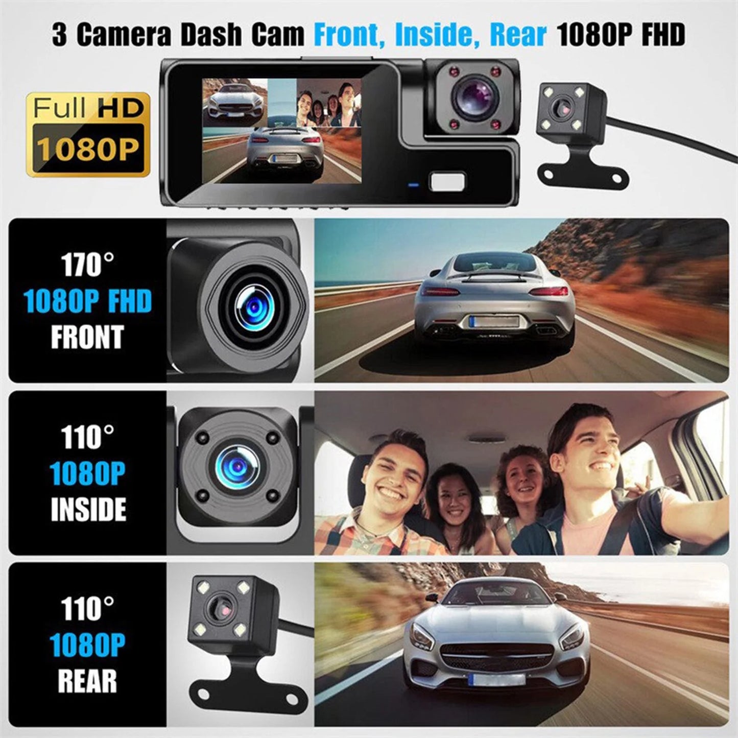 Dash Cam Front and Rear,1080P FHD DVR Car Driving Recorder 2.0Inch IPS Screen Dashboard Camera 170°Wide Angle,G-Sensor,Parking Monitor,Loop Recording