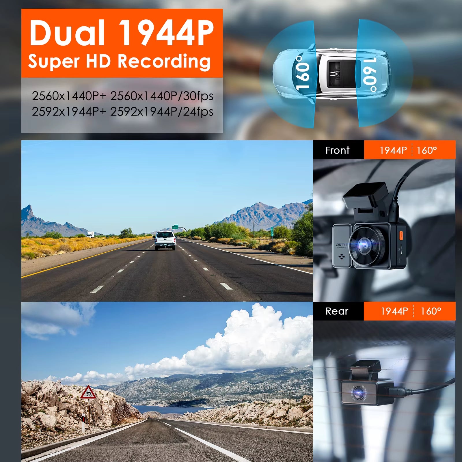 E2 Dashcam Front and Rear 2.7K + 2.7K Dual Dash Camera Voice Control Wifi GPS Night Vision 2.0 24H Parking Mode
