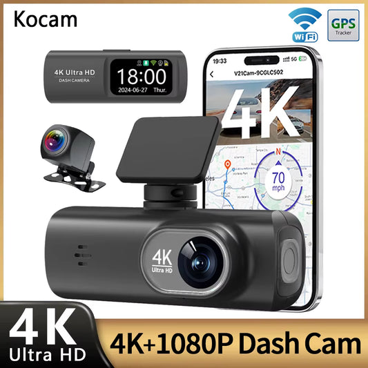 UHD 4K Dash Cam Dual Lens Driving Recorder Car DVR 1080P Rear Lens Camera Built-In Wifi GPS 24-Hour Parking Monitoring Black Box