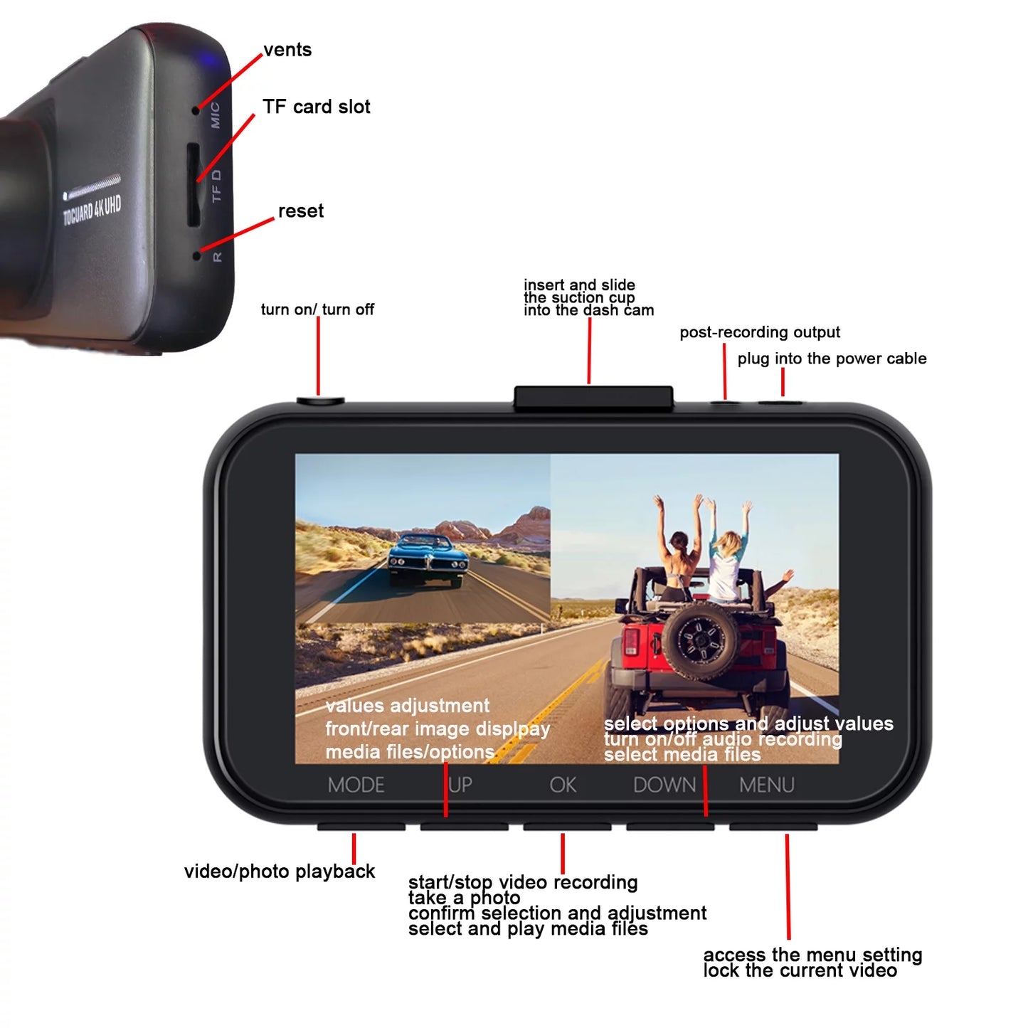 4K Dash Cam for Cars UHD 2160P+1080P Front and Rear Car Camera, 3" Display Dash Camera Parking Mode G-Sensor Support 256GB SD Card