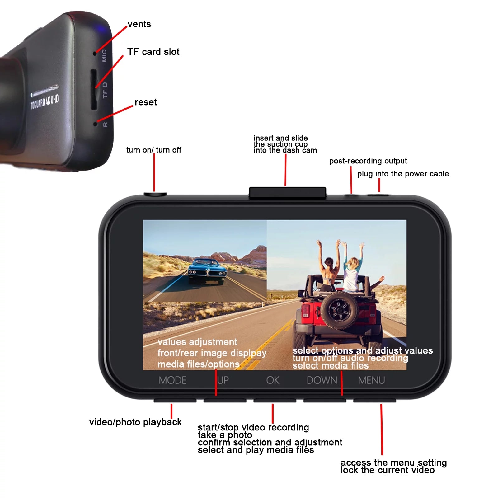 4K Dash Cam for Cars UHD 2160P+1080P Front and Rear Car Camera, 3" Display Dash Camera Parking Mode G-Sensor Support 256GB SD Card