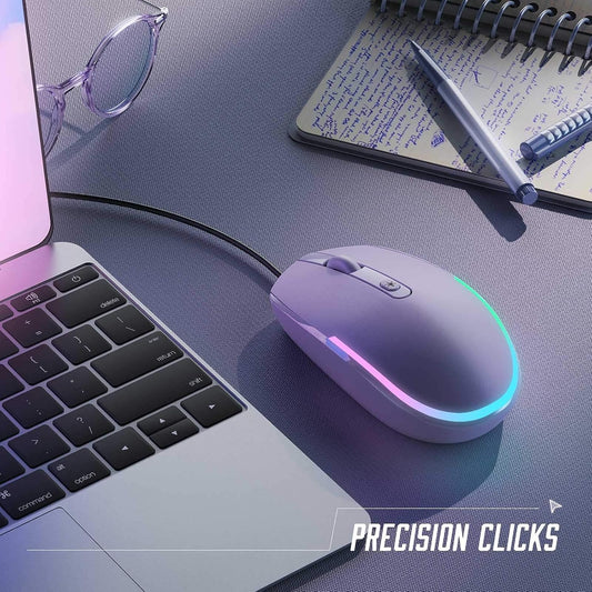 Wired Mouse - USB Computer Mice Wired with RGB Backlit Optical LED Mouse with Attached USB Cord for Laptops Notebooks Chromebook - Purple